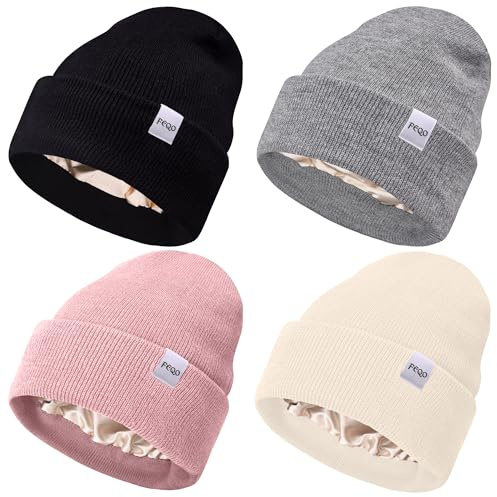 FEQO 4 Pack Satin Lined Winter Beanie Hats Soft Silk Lined Beanies, Pink
