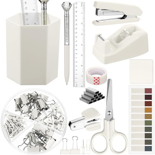 Marspark 12 Pcs Beige Office Supplies Desk Accessories Set Pen Holder Tape Dispenser Stapler Staple Remover Staples Tape Ruler Scissor Pen Sticky Note Index Tab Clips Set for School Office Home