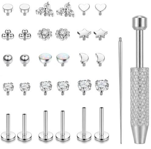 CEYOME Flat Back Piercing Jewellery Set – Surgical Steel Labret, Tragus & Helix Studs with CZ, Internally Threaded, Thoughtful Valentine’s Day Gift for Her