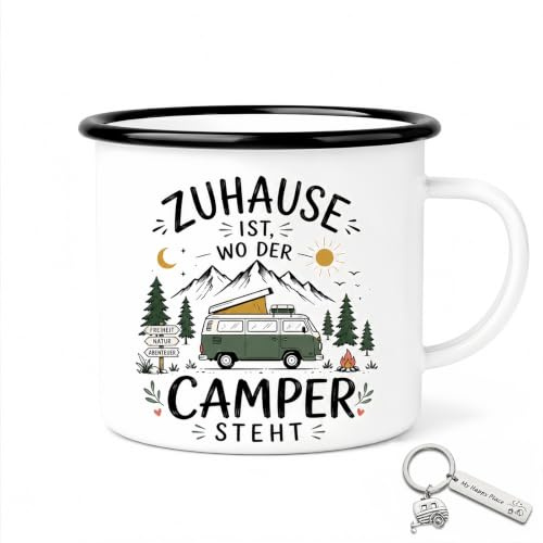 Sukizifa Emaljmugg 350 ml campingmuggar med 1 campinghängare svart kant campingmugg husbil gåvor husbil dekoration utomhus kaffekopp resa