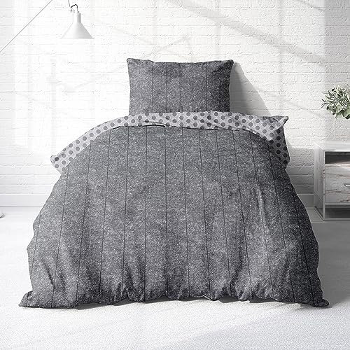 Träumschön Biber Bettwäsche Set 4tlg 135x200 cm + 80x80 cm – Flauschige Wendebettwäsche Grau – Weiche Winterbettwäsche mit Punkten - Atmungsaktiv, Warm & Hautfreundlich - 100% Baumwolle