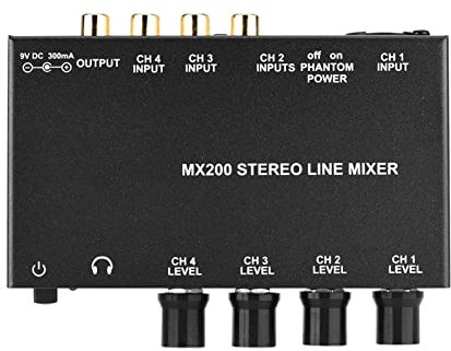 4-Kanal DJ Mixer Mischpult,High Gain Mini Karaoke Mixer 4-Kanal Line-Mixer 3RCA Eingang+1RCA Ausgang,Tragbar Noise Cancelling Stereo Sound Mixer DJ-Mischpult für TV/Telefon/FM Tuner (EU-Stecker)