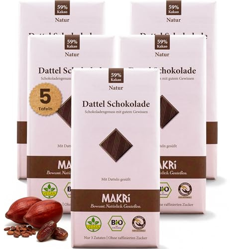 MAKRi Dattel Schokolade | Vegan & Bio, Laktosefrei und Glutenfrei, Ohne Zusatzstoffe | Dattelschokolade Ohne Zucker, Schokolade mit Datteln Gesüßt (Natur 59%, 5 Tafeln)