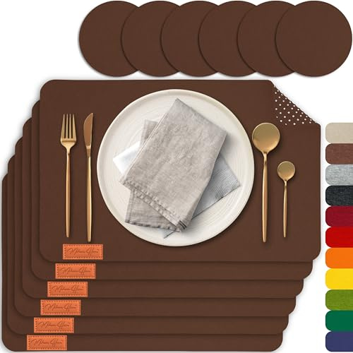 MAHEWA® 6er Set Premium Tischset Platzset aus Filz rutschfest Ab-waschbar und Waschmaschinenfest Eckige Platzdeckchen (Braun, 6er Set)
