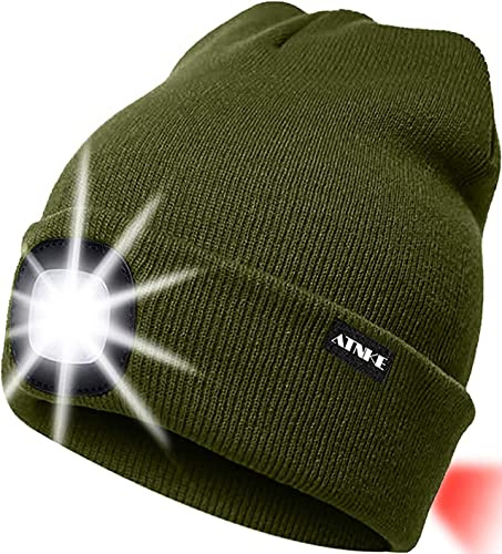 ATNKE LED Luminoso Gorro Sombrero, USB Recargable 8 LED Gorras para Correr Super Brillante Impermeable Luz Trasera Roja Invierno Cálido Regalos para Hombre y Mujer/Ejército Verde