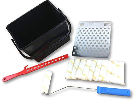 Lot de 10 | Kit à peindre | 11 rouleaux avec manchons pattes de lapin rayées jaune | Monture longue | Seau 7 litres | Mélangeur avec accroche | Grille essorage acier galvanisé | Kibros SO710Ax10