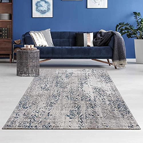 Högkvalitativ designermatta Antea – moderna kortluggmattor – rumsmatta i vintage design – (80 x 150 cm, ornament blå/beige)