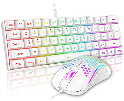 RedThunder 60% Mini Gaming Keyboard and Mouse Combo, Lightweight, Ultra-Compact 61 Keys RGB Backlit,7200 DPI Honeycomb Optical Mouse, Wired Gaming Set for PC MAC PS5 Xbox Gamer(White)