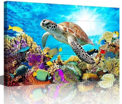 Sea Turtle Picture Painting Canvas Wall Art Wall Decoration Dining Room Colorful Fish Coral Beach Theme Pictures for Bathroom Framed Nautical Wall Decor Size 24x36inch (60x90cm)