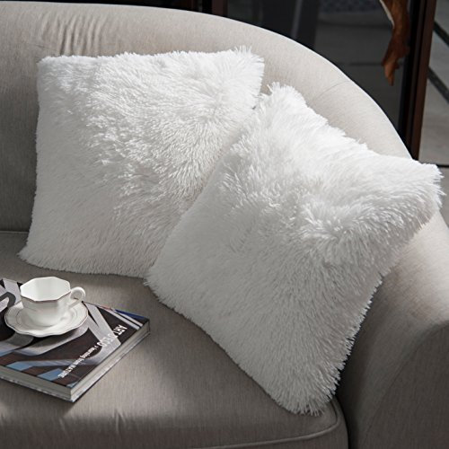 NordECO HOME 2er Set kissenbezüge Kissen Künstlich Pelz Fellkissen Dekorative Deko Kissen Kuschelkissen Flauschig Sofakissen Weich Plüschkissen für Sofa 40x40 cm Weiß