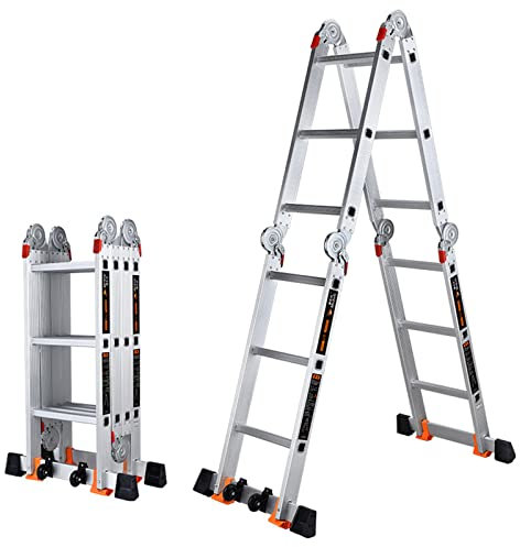 Mehrzweckleiter 3,6M, Klappleiter Leiter 4X3 Stufen 7 in 1 Aluleiter Multifunktionsleiter Haushaltsleiter Arbeitsleiter Anlegeleiter Steigleiter Arbeitsbühne Gelenkleiter Silber Bis 150 Kg