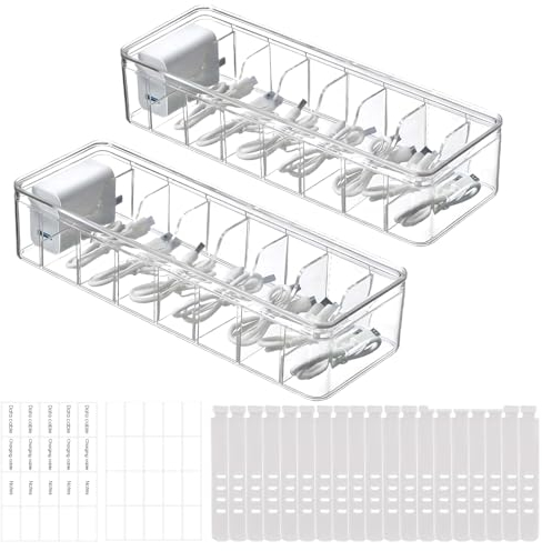 2 Pièces Boîte de Rangement pour Câbles, Transparent Boîte de Gestion des Câbles avec 8 Compartiments, Boîte de Gestion des Câbles pour comptoir avec 20 Attaches de Câble Autocollants