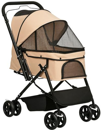 PawHut Poussette pour chien animaux de compagnie pliable avec 4 roues EVA guidon réglable panier et pochette de rangement - 76,5 x 52 x 95 cm marron