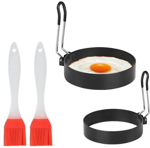 2 Pz Anelli per Uova per Friggere, 7,5 cm/9 cm Stampo per Pancake, Stampo per Uovo Fritto, Stampi Antiaderenti per Uova Fritte, Uovo Anello in Acciaio Inox, con 2 Spazzole per Olio Silicone