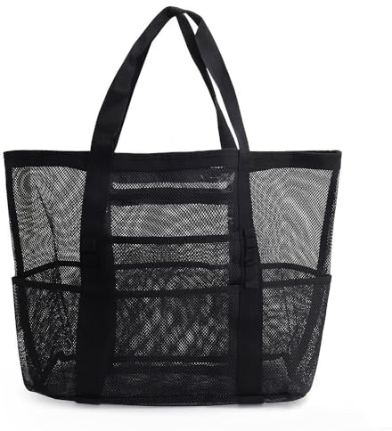 CRAZY SHARK Mesh Beach Bag, Large Beach Tote Summer Holiday Bag for Family, Swimming Pool Weekend Bag Shopping Tote for Toys & Vacation Essentials