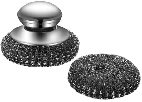 YOBOKO Hand-Geschirrreiniger Edelstahl Schrubber Metall Scheuerschwämme Stahlwolle Pads Hochleistungs Reinigungsbürste Die Küche Edelstahl Besteckbürste Topfbürstenreiniger 3 Pack (Handle Brusher)