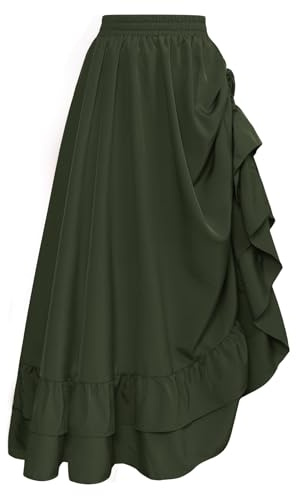 SCARLET DARKNESS Piraten Rock Damen Doppellagiger Mittelalter Maxirock | Elastische Hole Taille, Verstellbarer Rüschensaum mit Kordelzug, Mittelalter Kleidung Piratenkostüm Gothic Steampunk Rock