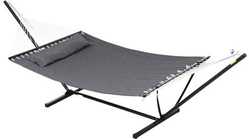 Outsunny Amaca da Giardino Portatile con Struttura, Cuscino Integrato e Corde di Sicurezza, Amaca Sospesa in Cotone, Poliestere e Acciaio, Portata Fino a 150 kg, 368x93x110 cm, Grigio Scuro