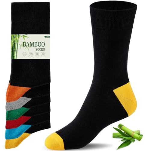 Niofind Bamboo Socks for Men and Women, 6 Pairs Crew Seamless Soft Colored & Black Dress Socks Multipack, Breathable, Durable, Odorless, Comfortable, Father's Mother's Day Gifts for Dad Mum