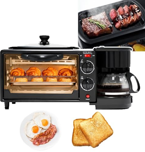 Estación de desayuno 3 en 1, máquina de desayuno portátil, con sartén antiadherente + cafetera de 400 ml, control de temperatura de 100-230 °C + temporizador de 30 min, para casa, oficina y dormitor