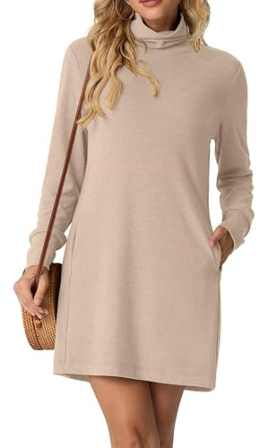 GRECERELLE Tröjklänning dam, vinter, höst, långärmad polotröja, miniklänning, stickad klänning med fickor, elegant basic för vardagen | knälång, aprikos, XL
