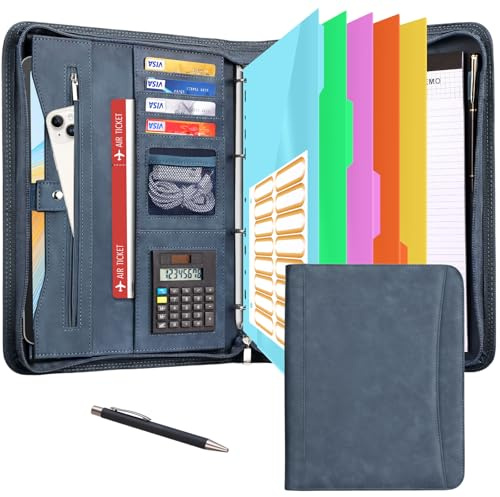 Leathario Schreibmappe A4 mit 5er Register DIN A4，Konferenzmappe mit 4 Ringbuch，Dokumentenmappe mit Reißverschluss, Klemmbrett,Blumenmuster,Ordner für Meeting, Business,Mappe für Schule, Uni