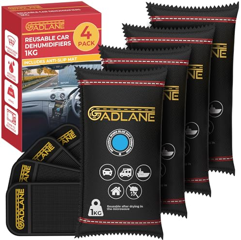 GADLANE X-Large Reusable Car Dehumidifier 1KG - 4 Pack Dehumidifiers for Car Moisture Absorber for Home, Wardrobe, Eliminates Foggy Windscreen, Silica Gel Bags x 4 with Dashboard Anti-Slip Mats