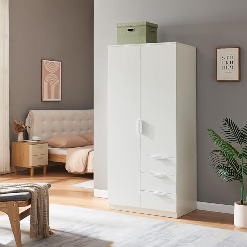 [en.casa] Armadio per Guardaroba Armadio per Camera da Letto Armadio Chiuso con Ante 4 Scomparti Asta Appendiabiti 3 Cassetti 176 x 80 x 52 cm Bianco