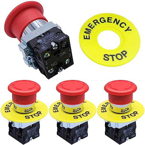 HAAMNING7 2NC 22mm Emergency Stop Push Button Switch Red Mushroom Equipment, Estop Shut Off AC 660V 10A Switch (4 Pack)