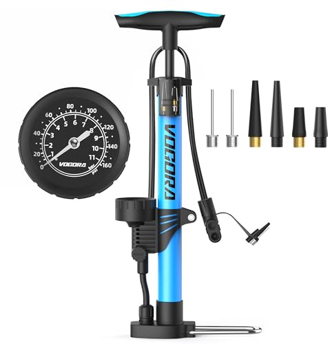 VOGORA Pompa per Bicicletta con Manometro, Valvola Presta e Schrader per tutte le biciclette, Pompa per piedi per pneumatici auto, Mountain Bike & Balls