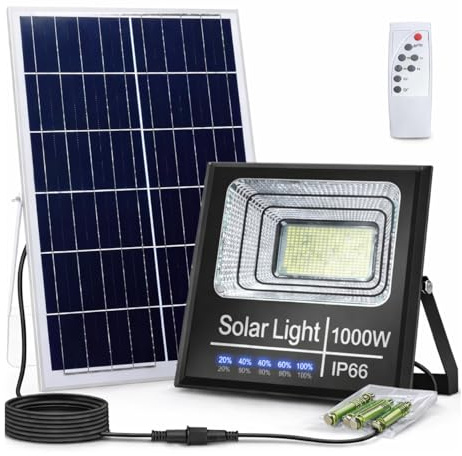 Faro Solare LED 1000W con Pannello Solare, Luce Esterno 6500K Ultra Potente, Sensore Crepuscolare Automatico, Telecomando, IP67 Impermeabile, Faretto da Esterno per Giardino, Cortile, Strada.