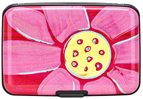 ELFISH RFID Blocking Credit Cards Holder Aluminum Wallet Metal ID Case for Men Women (Big pink flower)