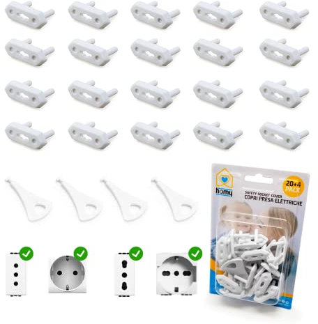 Homy Kit 20 Copriprese di Sicurezza Corrente Elettrica per Bambini Copri Presa Elettriche Italiane Universali Shuko Set Neonato Copripresa Schuko Protezione Prese Casa Antiscossa Bimbi (Bianco)