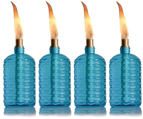 OEXEO Juego de 4 antorchas de mesa de cristal para exteriores, mechas de antorcha, luz de antorcha, antorcha de jardín, antorchas de patio, antorchas de citronela (azul)