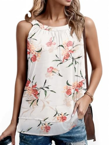 PrinStory Womens Vests Halter Neck Tank Tops Double Layer Pleated Blouses Shirt Loose Sleeveless Chiffon Vest