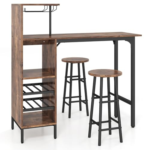 COSTWAY Set 3 Pezzi Tavolo e Sedie da Bar, Tavolo e Sgabelli da Pub Industriale con Porta Calici e 6 Portabottiglie da Vino, Set di Tavolo per Sala da Pranzo, Ristorante e Bar (Caffè)