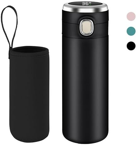 flintronic Taza de Viaje, Termo Taza 450ML, Frasco de Vacío de Acero Inoxidable, Travel Mug Pantalla LED Táctil Inteligente con Temperatura, Térmica de Doble Pared, Aislado al Vacío-Negro