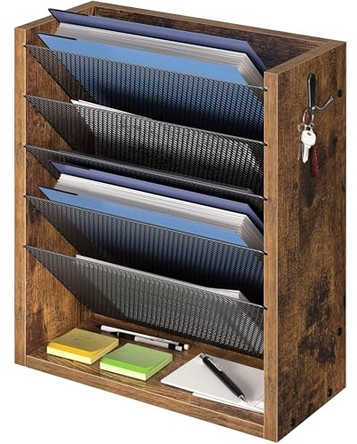 Creso hom Mail Organizer Wall Mounted, 6-Tier Wall File Organizer with 2 Hooks, Wooden Desk Organizer Magazine Holder with Bottom Flat Tray, for Office Home, Rustic Brown
