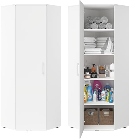 Bellamio Apol Eckschrank weiß – großer Mehrzweckschrank – Allzweckschrank aus Holz – Haushaltsschrank mit 5 Fächern – Aktenschrank für Flur/Küche/Büro – Putzschrank – Aufbewahrungsschrank