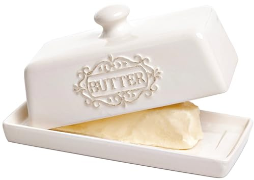 Covered Butter Dish with Lid - Elegant Engraved Butter Holder with Lid - Ceramic Butter Stick Holder Tray Holds Any Size Stick - Decorative Butter Keeper Container for Countertop & Fridge - 7.7 x 4