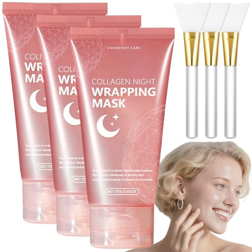 Collagen Night Wrapping Mask, Korean Overnight Maske Gesicht mit Peel-Off Effekt, Deep Hydration & Collagen Boost, Straffend & Faltenreduzierend, 75ml x 3 (PACK 3/Am Beliebtesten)