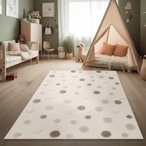 Paco Home Kinderteppich Moderner Spielteppich Kinderzimmer 3D-Effekt Naturtöne weicher Flor robust & pflegeleicht Schlingenstruktur Punkt-Motiv Beige Braun Creme, Grösse:80x150 cm