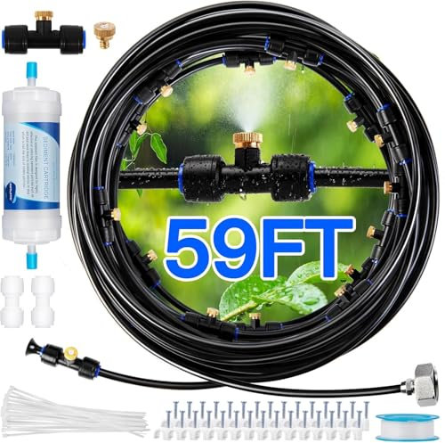 Sistema de pulverización para exteriores (18 m) con filtro de agua – Sistema de niebla línea 20 boquillas de latón adaptador de latón (3/4) niebla de terraza para enfriar el invernadero exterior