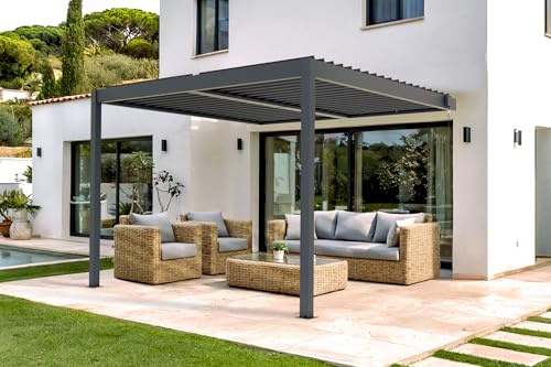 CAZEBOO Pérgola Bioclimática Adosada Piana 297x298 cm (3x3 m – 9 m²) Aluminio Gris Antracita – Lamas Orientables 0-110° Acero – Resistente Viento 70 km/h – Kit Completo con Manivela y Anclajes