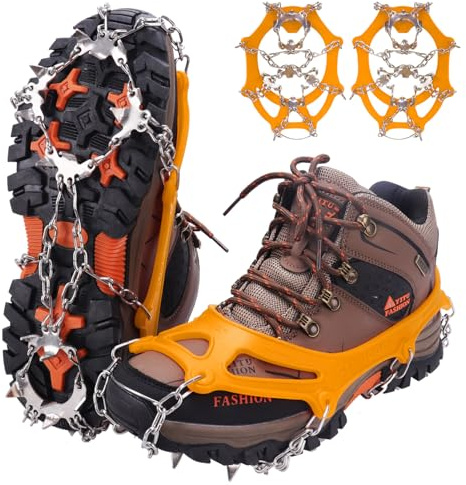 WIN.MAX stegjärn grödel isglasspikar, skoklor med 19 rostfritt stål tänder spikar skoklor grödling isspinnar för klättring bergsklättring trekking hög höjd vinter utomhus (gul, M)