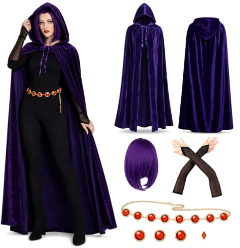 Boyigog Costume d'Halloween violet de costumade pour femmes, ensemble de cape de costumade violette de 6 pièces avec perruque, ceinture, gants à épingles, costume d'Halloween pour carnaval, fête