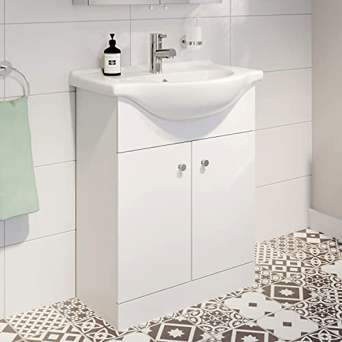 AURORA® 650mm Bathroom Vanity Unit with Wash Basin Ceramic Sink, 2 Double Door, Cloakroom Storage Furniture Under Basin Cabinet, Floorstanding Cabinets, Matt White