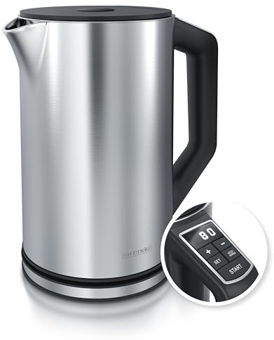 Arendo - Edelstahl Wasserkocher mit Temperatureinstellung 40-100 Grad in 5er Schritten - Doppelwand Design - Modell ELEGANT - 1,5 Liter - 2200 W - Teekocher mit Temperaturanzeige - GS - Silber