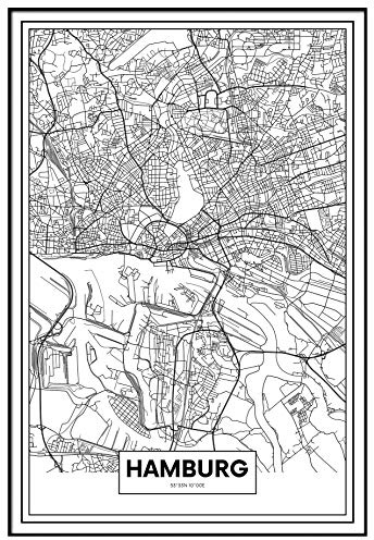 Panorama Verre Acrylique Encadrée Carte de Hambourg 50 x 70 cm - Tableau Décoration Murale Moderne pour la Maison