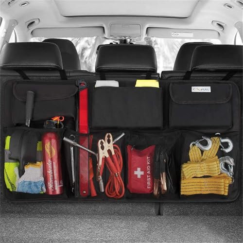 COOFULL Organizer per baule da auto, super capiente, con 7 tasche ingrandite, 2 bastoncini intelligenti lunghi, borsa portaoggetti per bagagliaio auto, colore nero